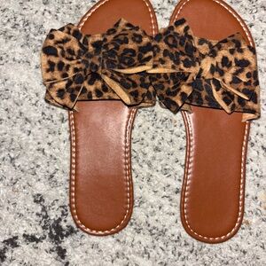 Leopard Print Bow Slide Sandals
